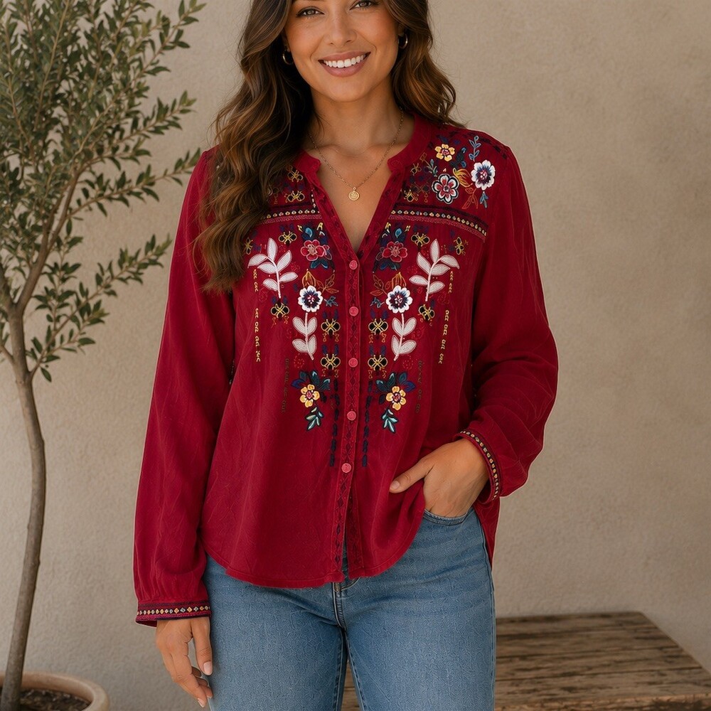Johnny Was Blouse Womens Size S Burgundy Floral Embroidered Boho Tunic Top